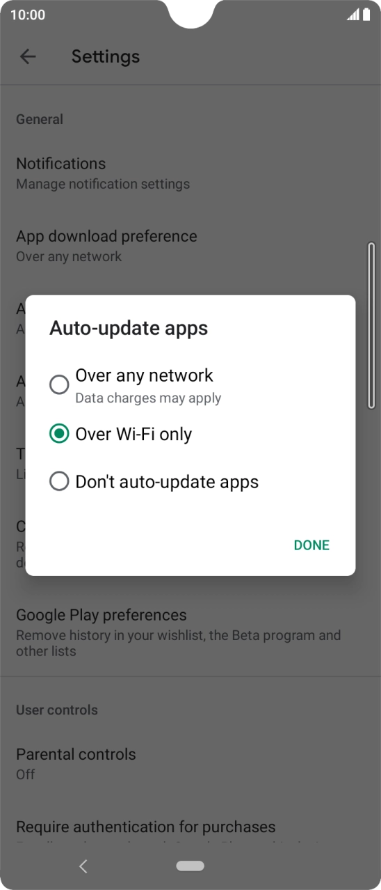 To turn on automatic update of apps using mobile network, press Over any network.