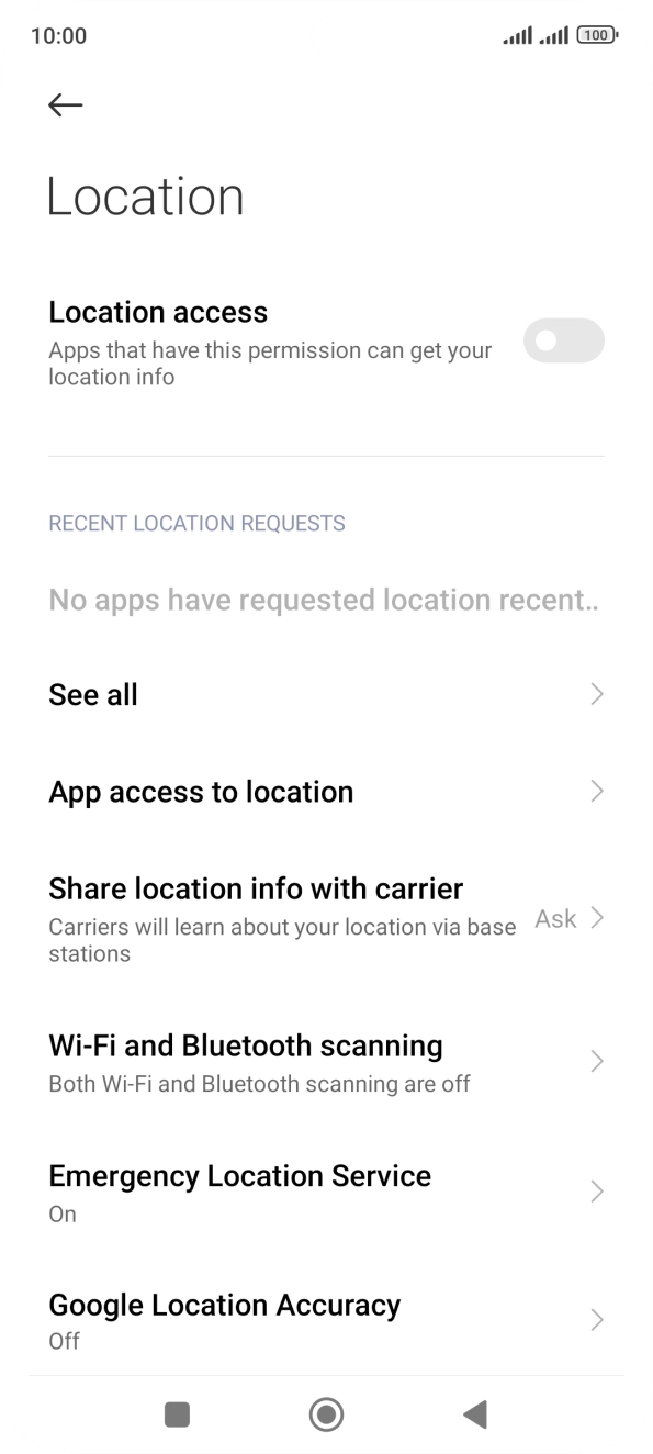 Press the indicator next to 'Location access' to turn the function on or off. Press the indicator next to 'Location access' to turn the function on or off.