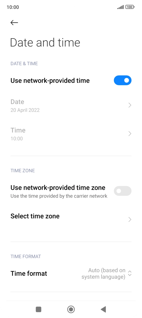 Press the indicator next to 'Use network-provided time zone' to turn on the function.
