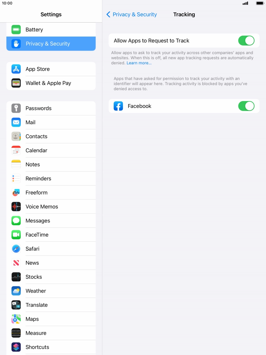 Press the indicator next to 'Allow Apps to Request to Track' to turn the function on or off.