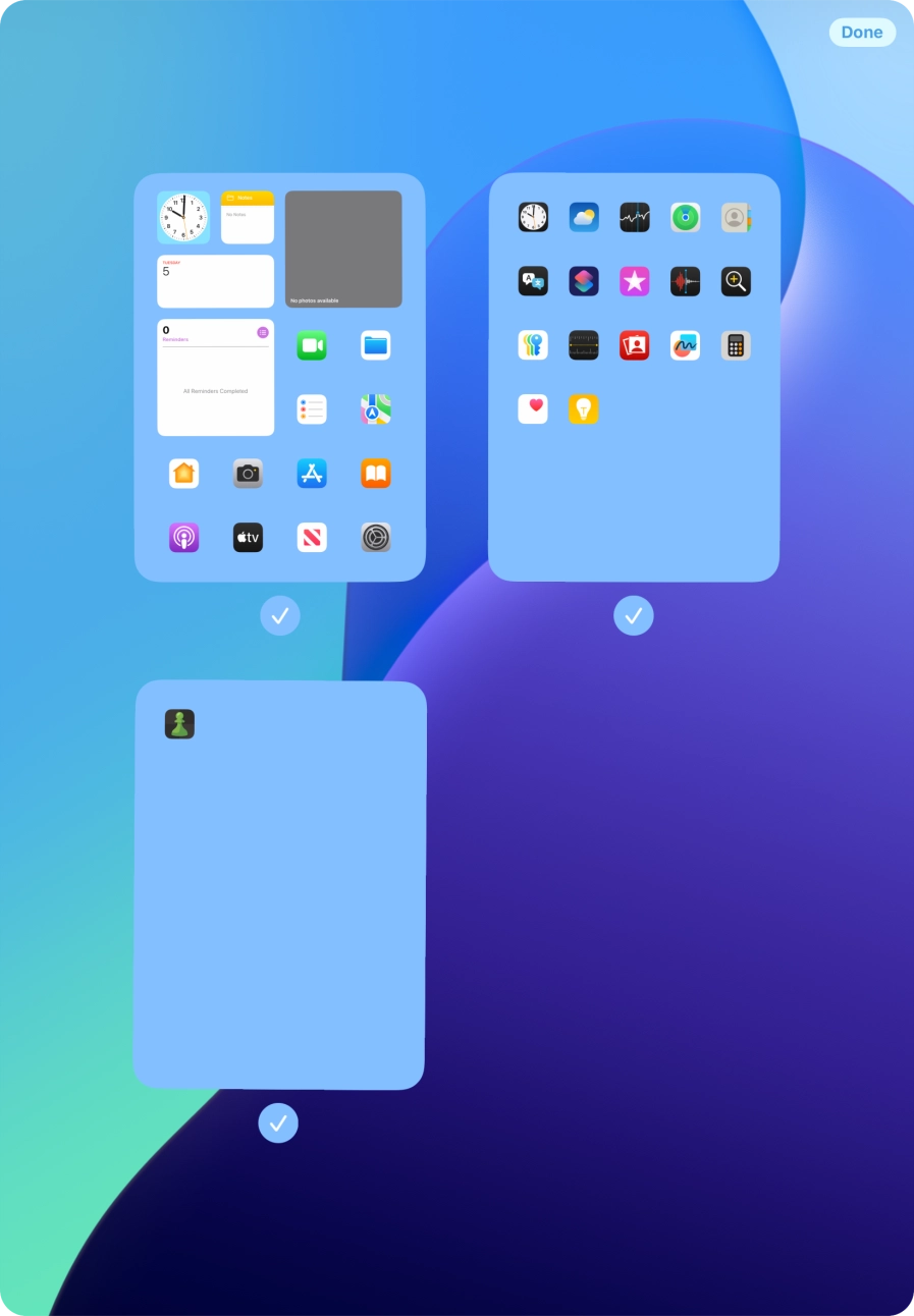 Press the field below the required home screen pages to select or deselect them. Press the field below the required home screen pages to select or deselect them.