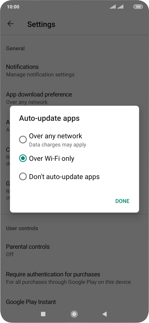 To turn on automatic update of apps using mobile network, press Over any network.