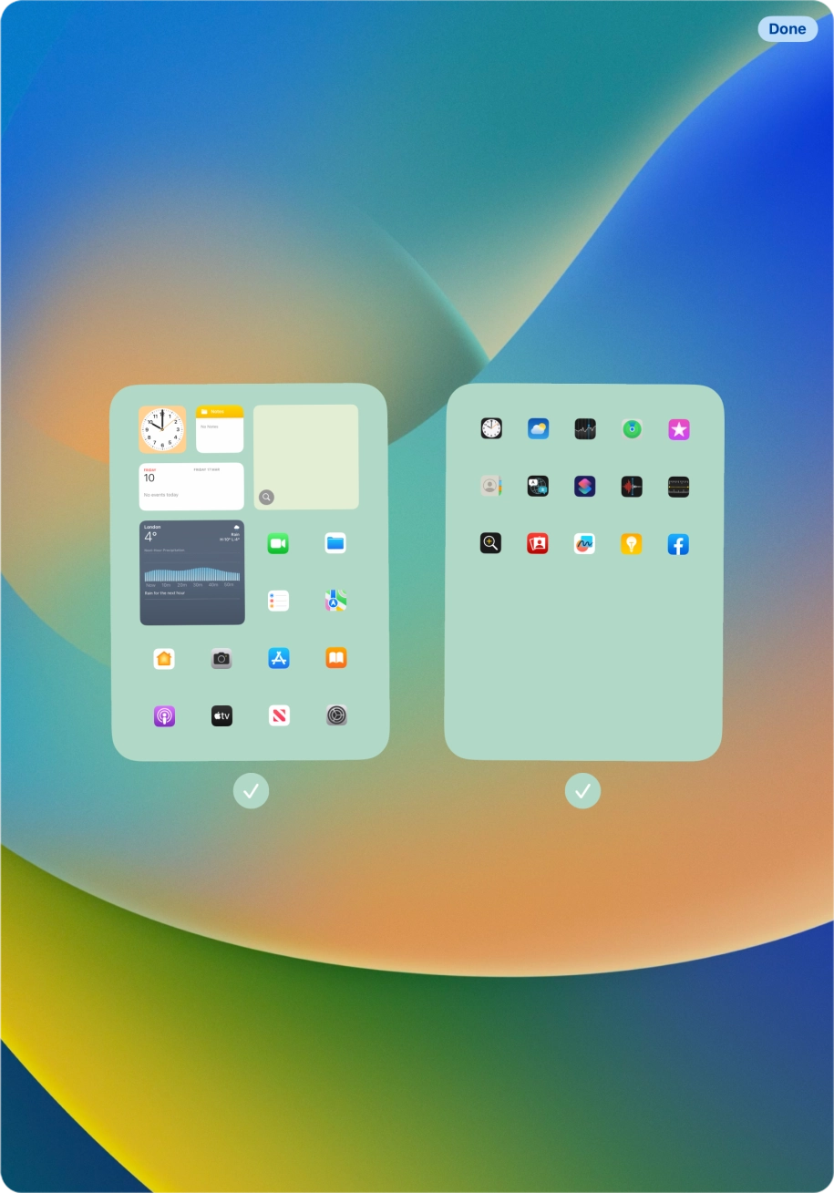 Press the fields below the required home screens to select or deselect them.