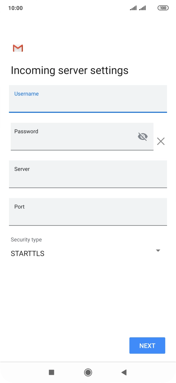Press the field below 'Server' and key in the name of your email provider's incoming server. Press the field below 'Server' and key in the name of your email provider's incoming server.