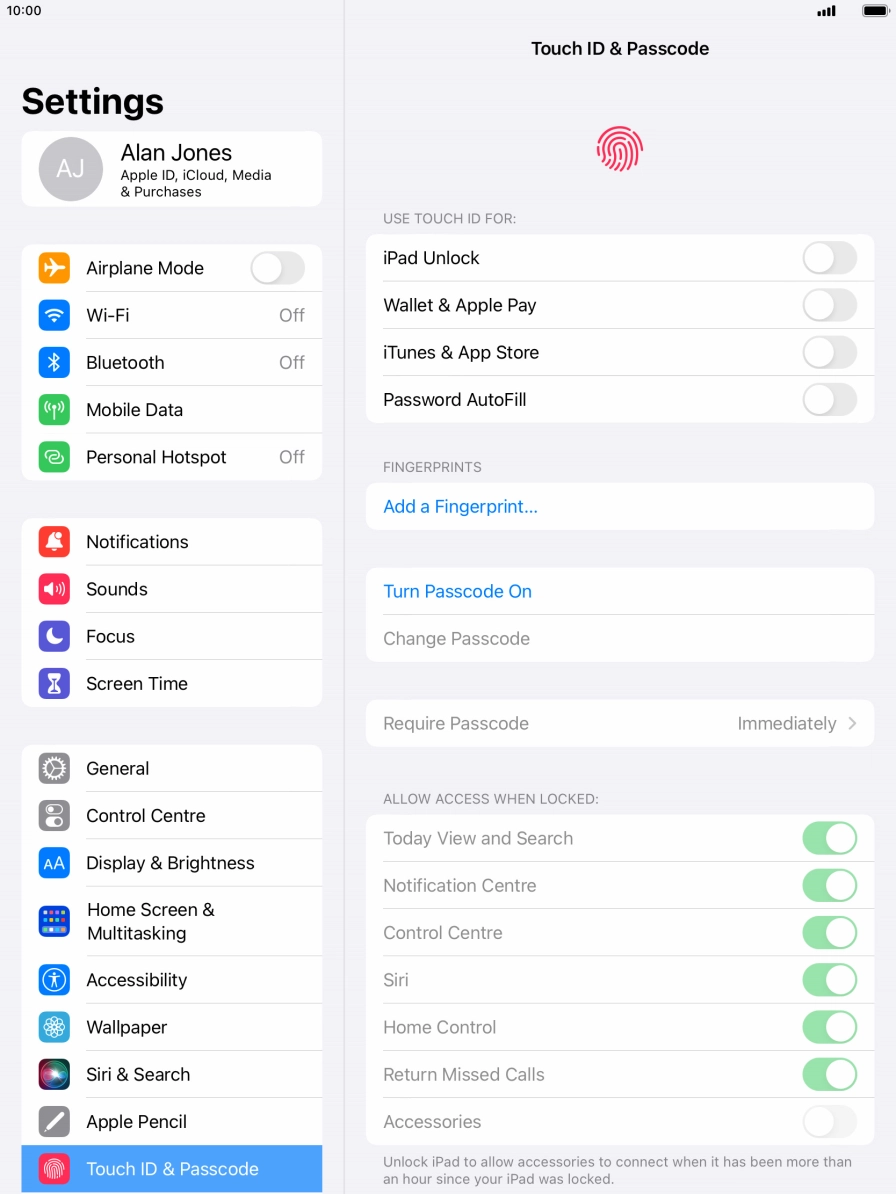 Press Turn Passcode On and key in a lock code of your own choice twice.