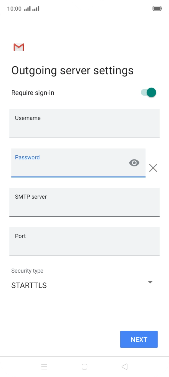 Press the field below 'SMTP server' and key in the name of your email provider's outgoing server. Press the field below 'SMTP server' and key in the name of your email provider's outgoing server.