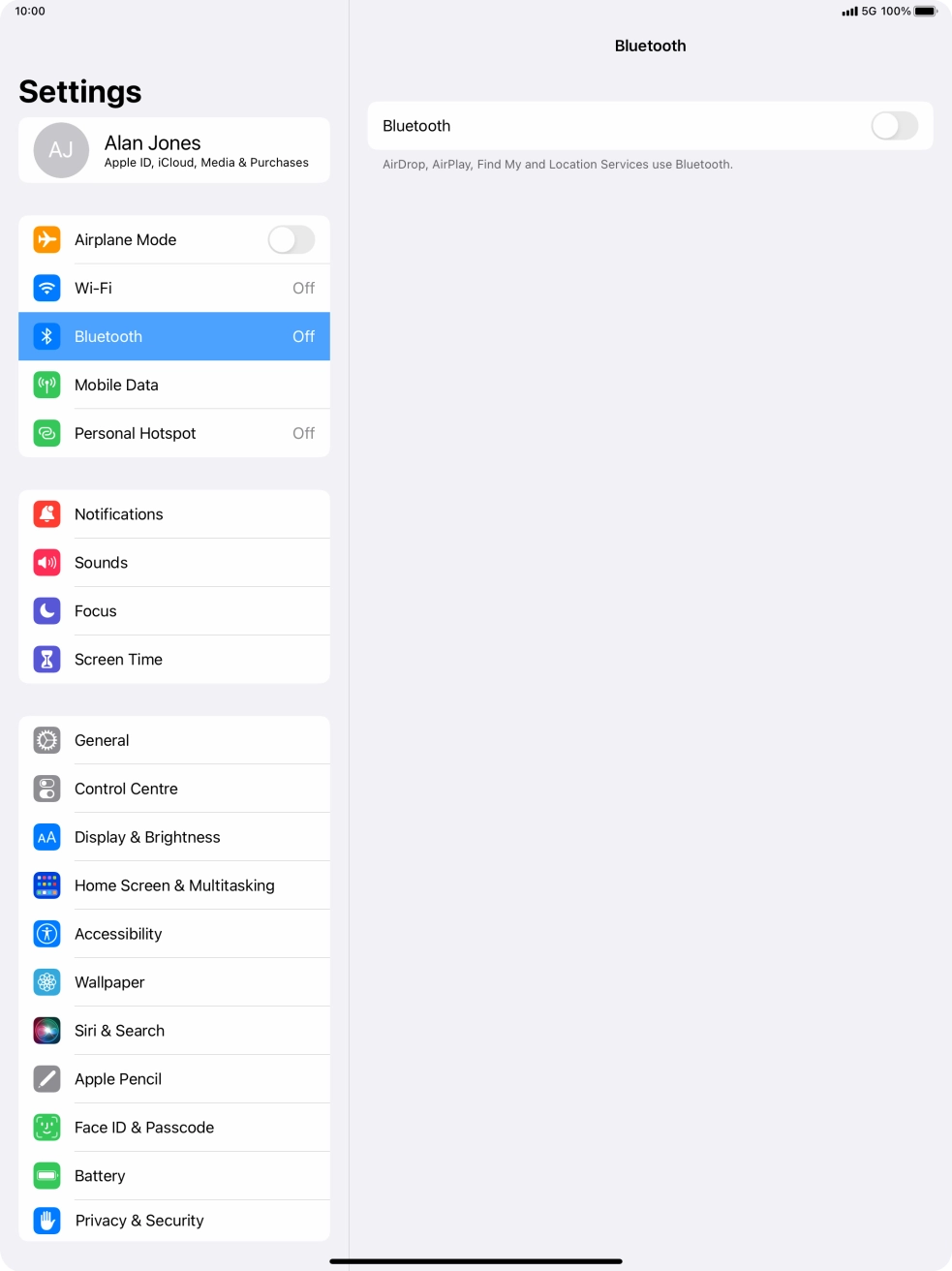 Press the indicator next to 'Bluetooth' to turn on the function.