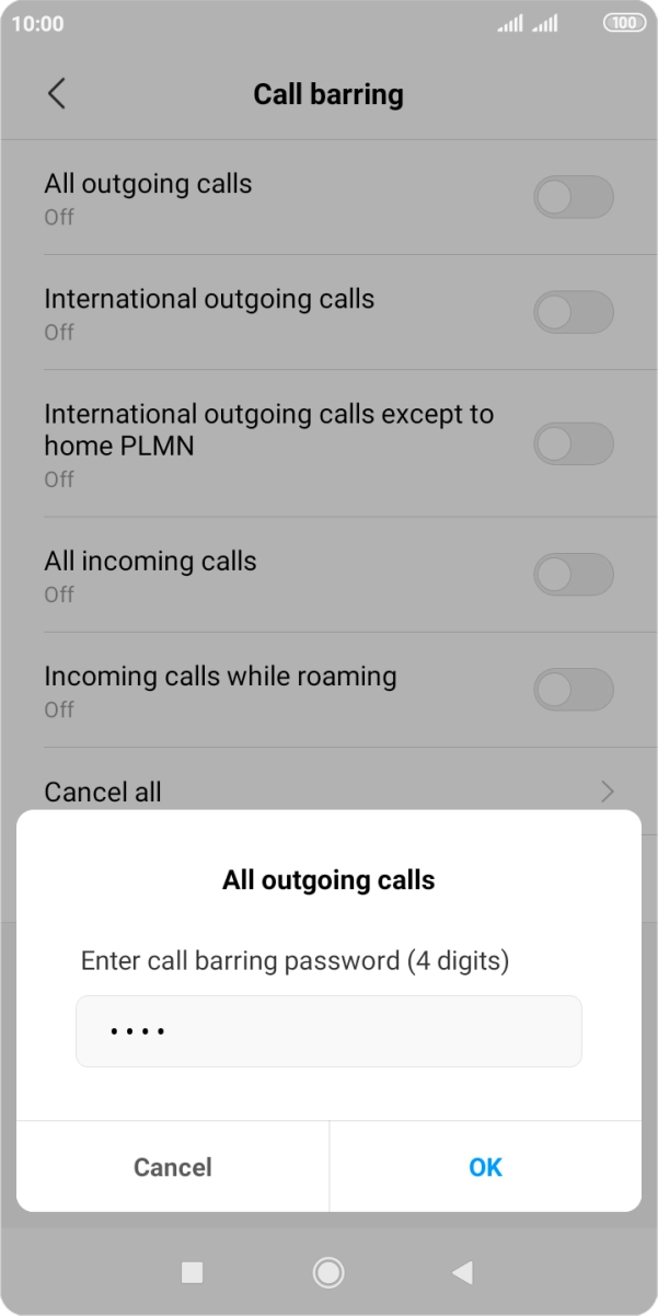 Key in your barring password and press OK.