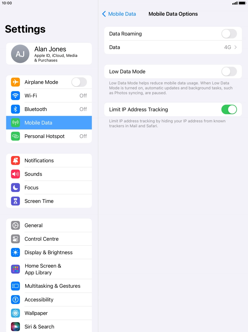 Press the indicator next to 'Low Data Mode' to turn the function on or off.