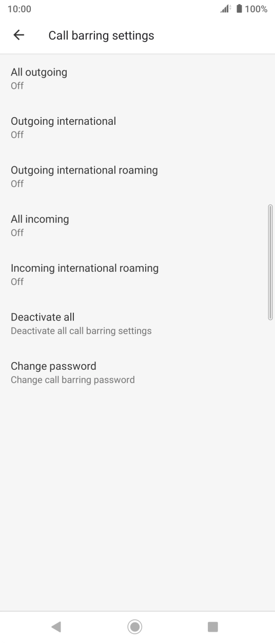 Press the required barring type to turn the function on or off. Press the required barring type to turn the function on or off.