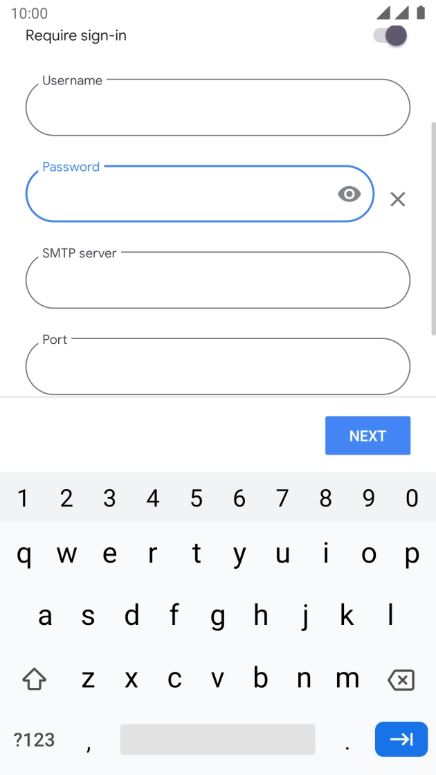 Press the field below 'SMTP server' and key in the name of your email provider's outgoing server. Press the field below 'SMTP server' and key in the name of your email provider's outgoing server.