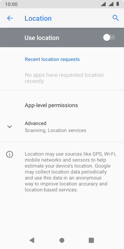 Press the indicator next to 'Use location' to turn the function on or off. Press the indicator next to 'Use location' to turn the function on or off.
