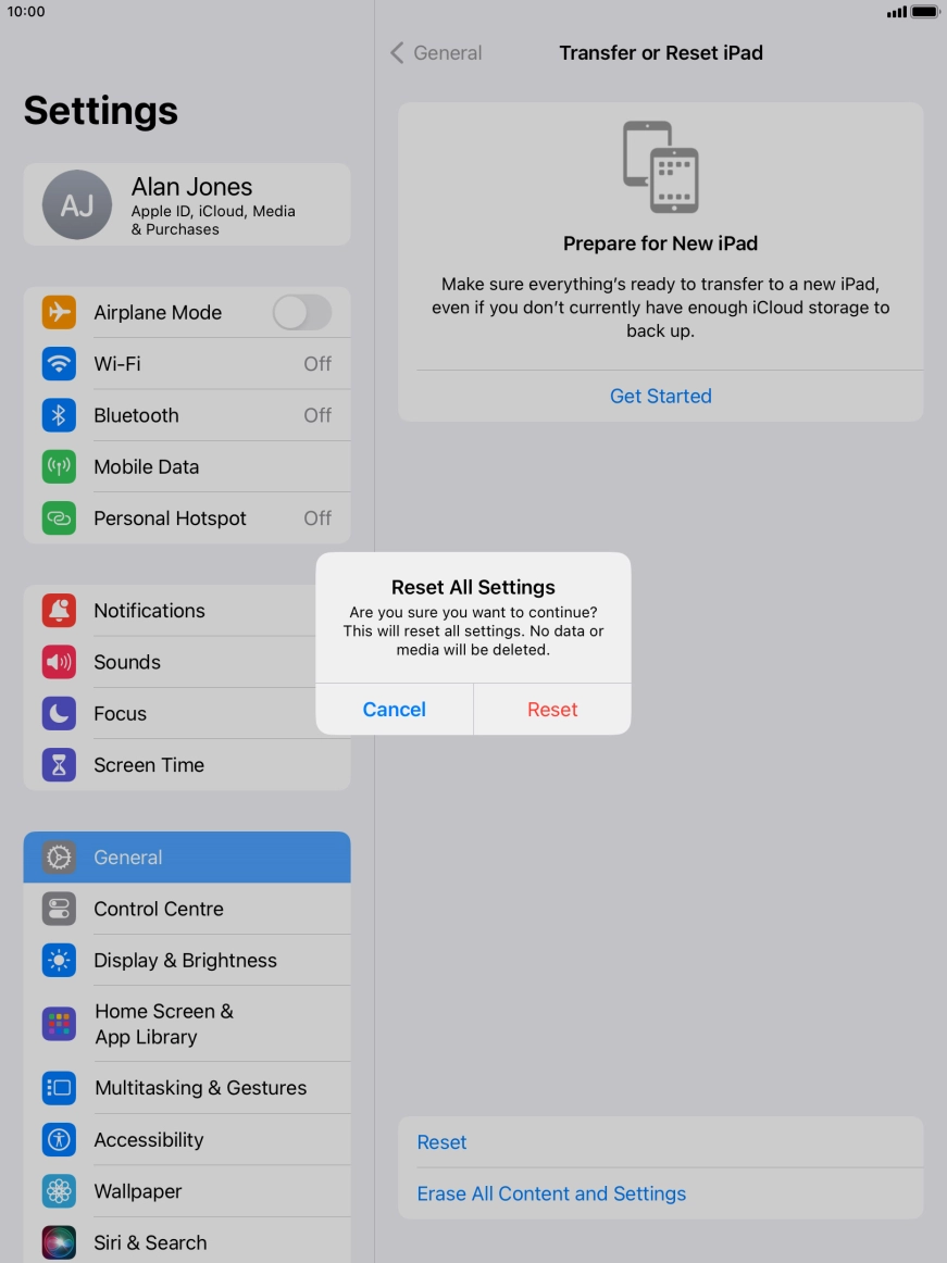 Press Reset. Wait a moment while the factory settings are restored. Follow the instructions on the screen to set up your tablet and prepare it for use.
