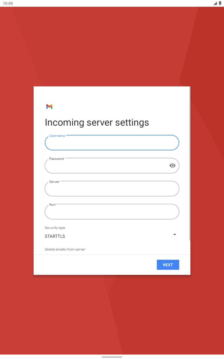 Press the field below 'Server' and key in the name of your email provider's incoming server. Press the field below 'Server' and key in the name of your email provider's incoming server.