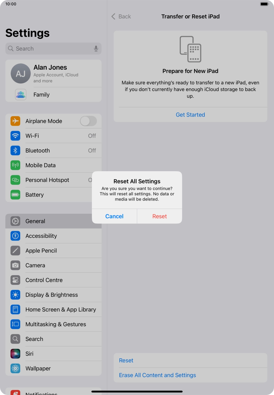 Press Reset. Wait a moment while the factory settings are restored. Follow the instructions on the screen to set up your tablet and prepare it for use.