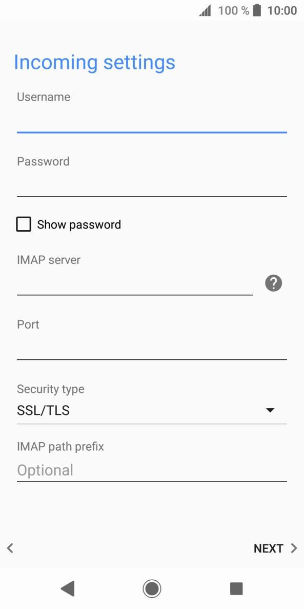 Press the field below 'Username' and key in the username for your email account.