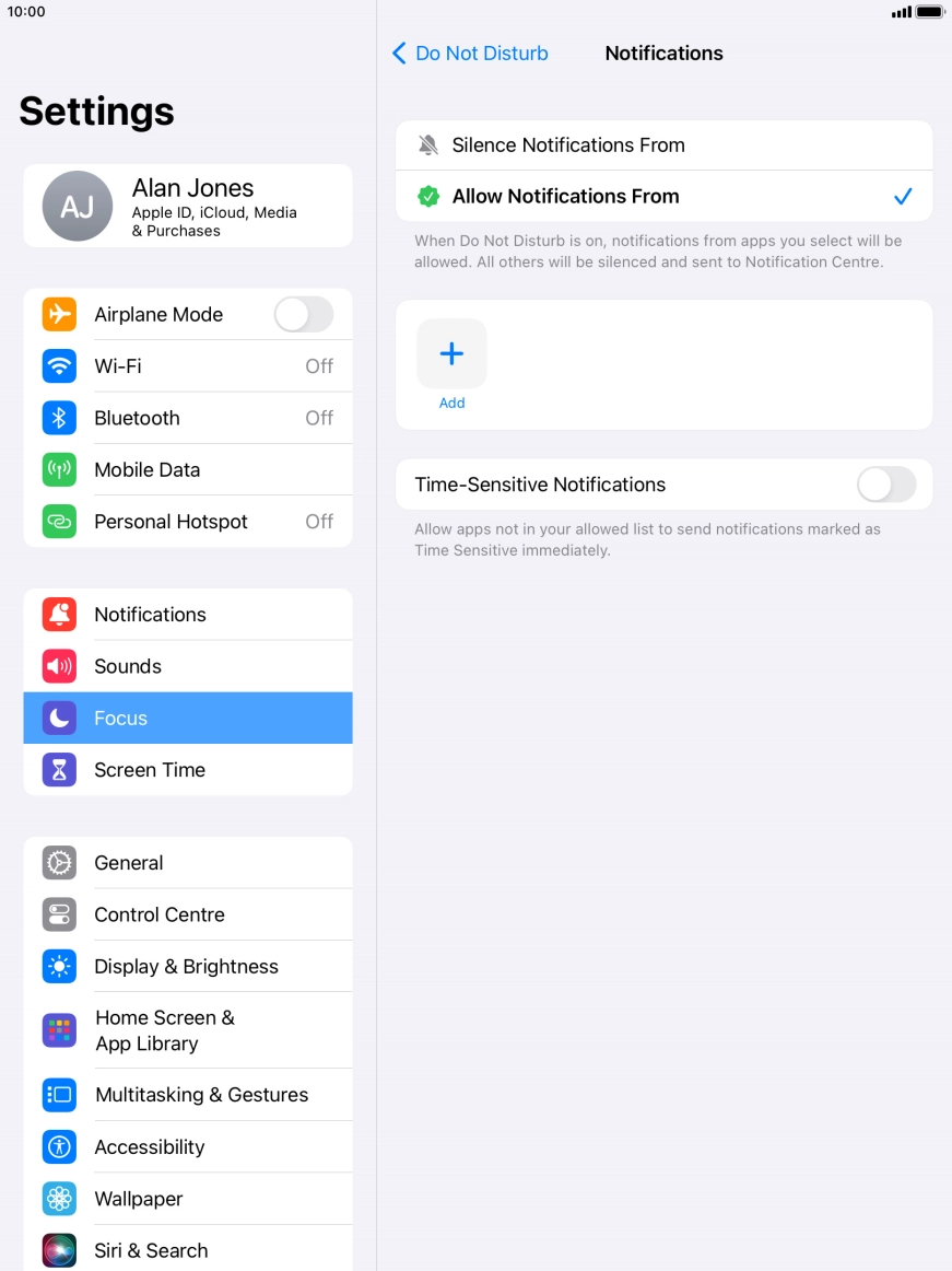 Press the indicator next to 'Time-Sensitive Notifications' to turn display of timed notifications on or off when Do Not Disturb is turned on.