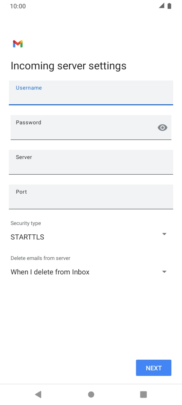Press the field below 'Server' and key in the name of your email provider's incoming server. Press the field below 'Server' and key in the name of your email provider's incoming server.