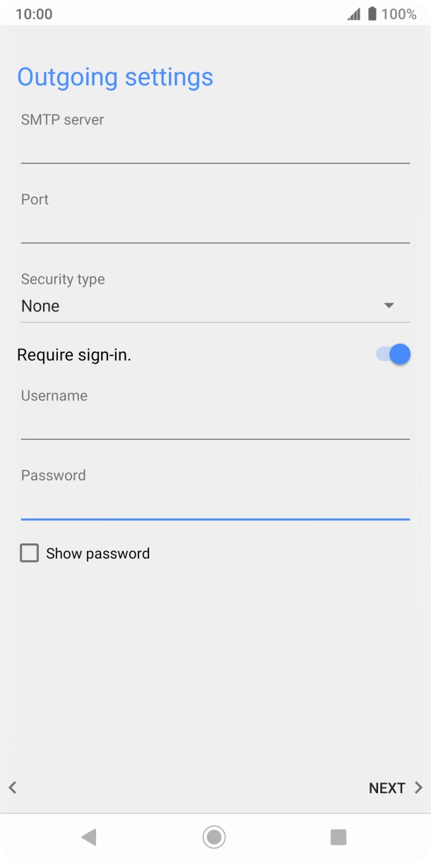 Press the field below 'SMTP server' and key in the name of your email provider's outgoing server. Press the field below 'SMTP server' and key in the name of your email provider's outgoing server.