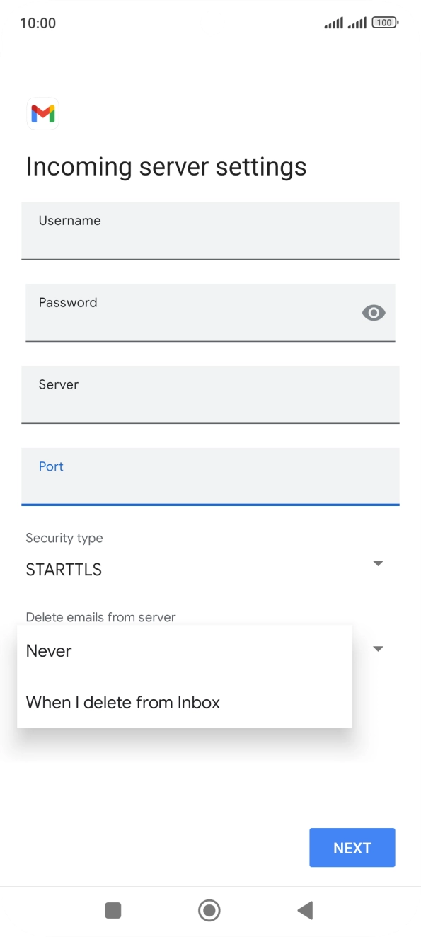 Press Never to keep emails on the server when you delete them on your phone.