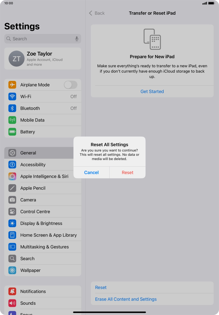 Press Reset. Wait a moment while the factory settings are restored. Follow the instructions on the screen to set up your tablet and prepare it for use.