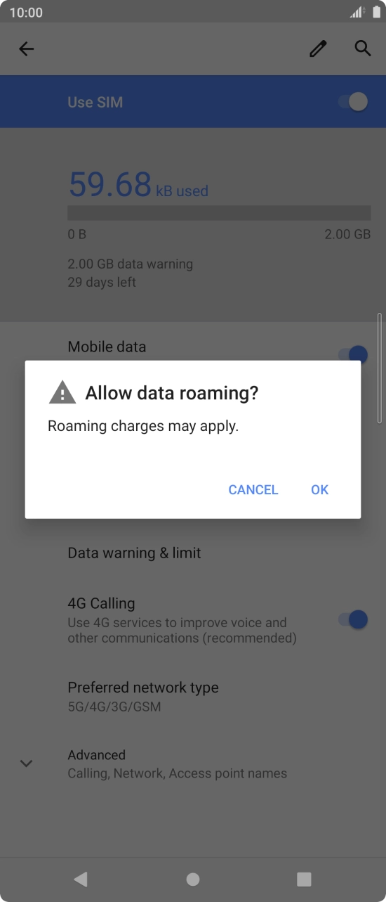 If you turn on data roaming, press OK.