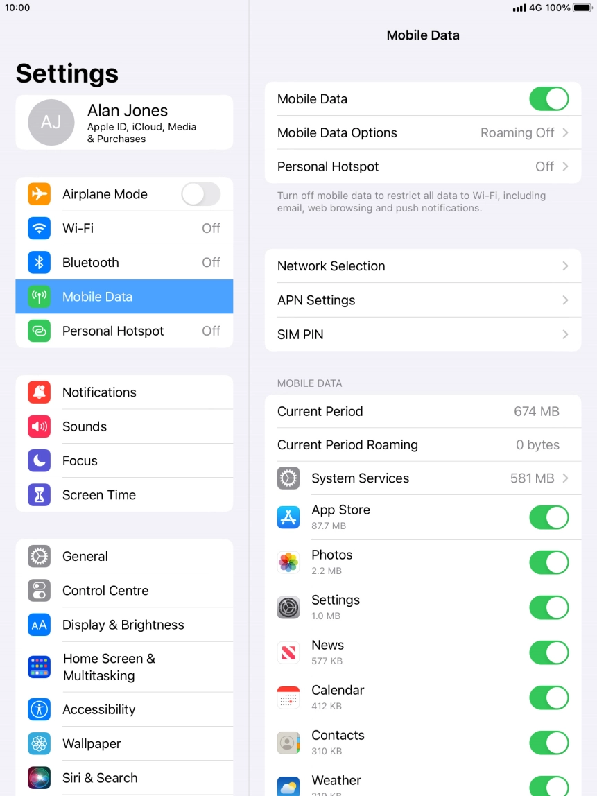 Press the indicator next to 'Mobile Data' to turn the function on or off. Press the indicator next to 'Mobile Data' to turn the function on or off.