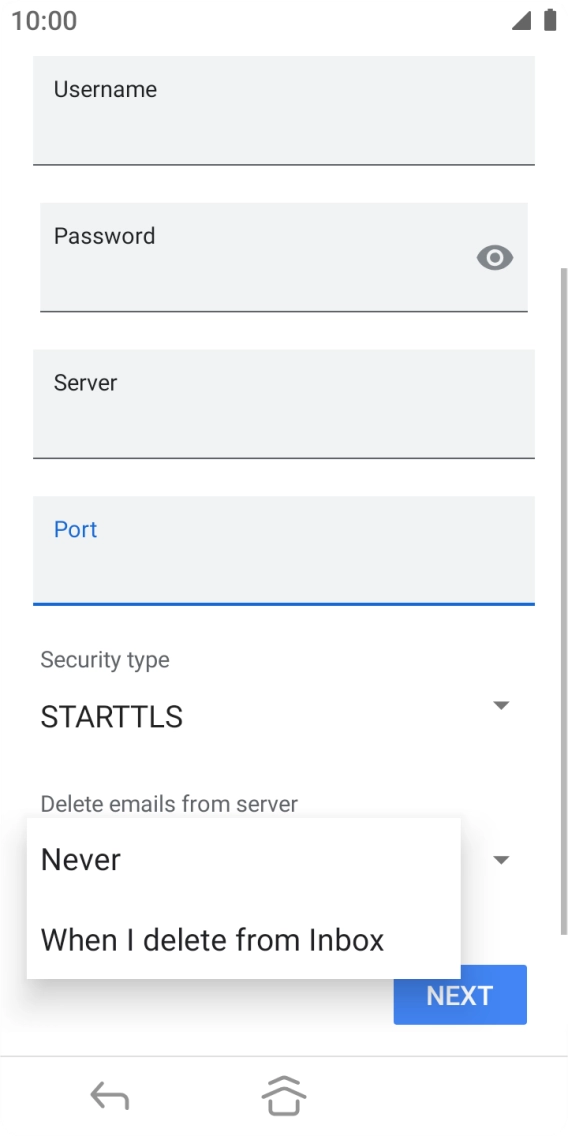 Press Never to keep emails on the server when you delete them on your phone. Press Never to keep emails on the server when you delete them on your phone.