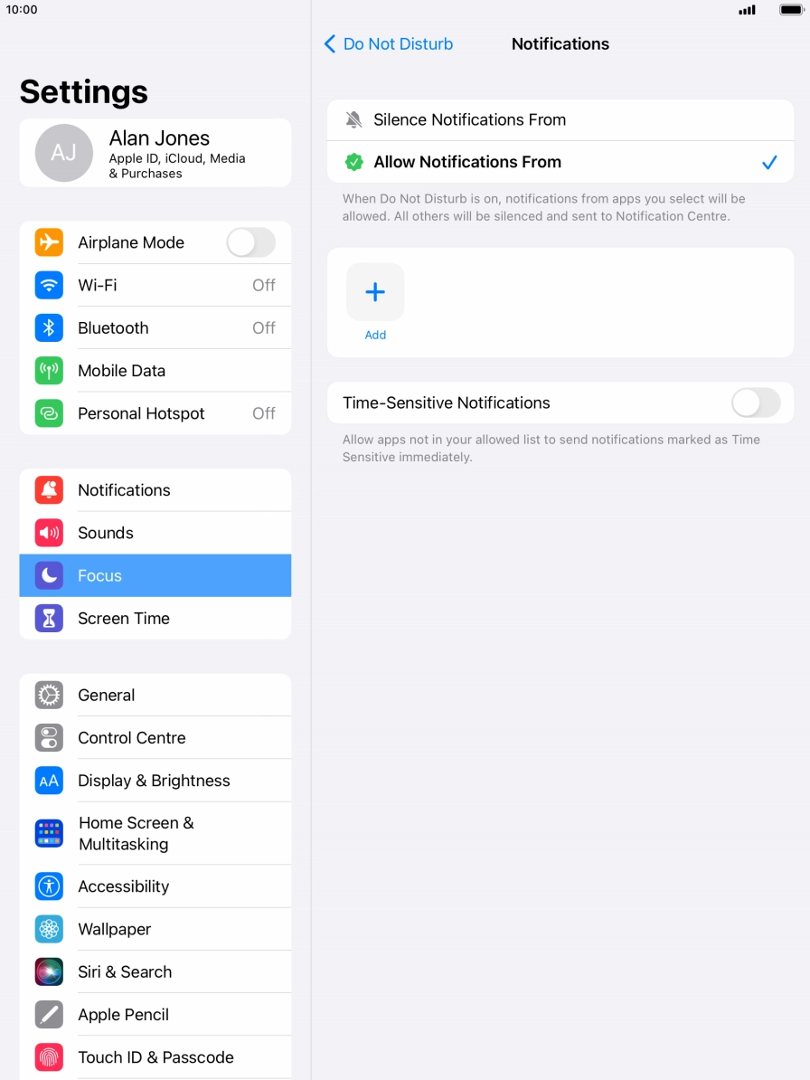 Press the indicator next to 'Time-Sensitive Notifications' to turn display of timed notifications on or off when Do Not Disturb is turned on.
