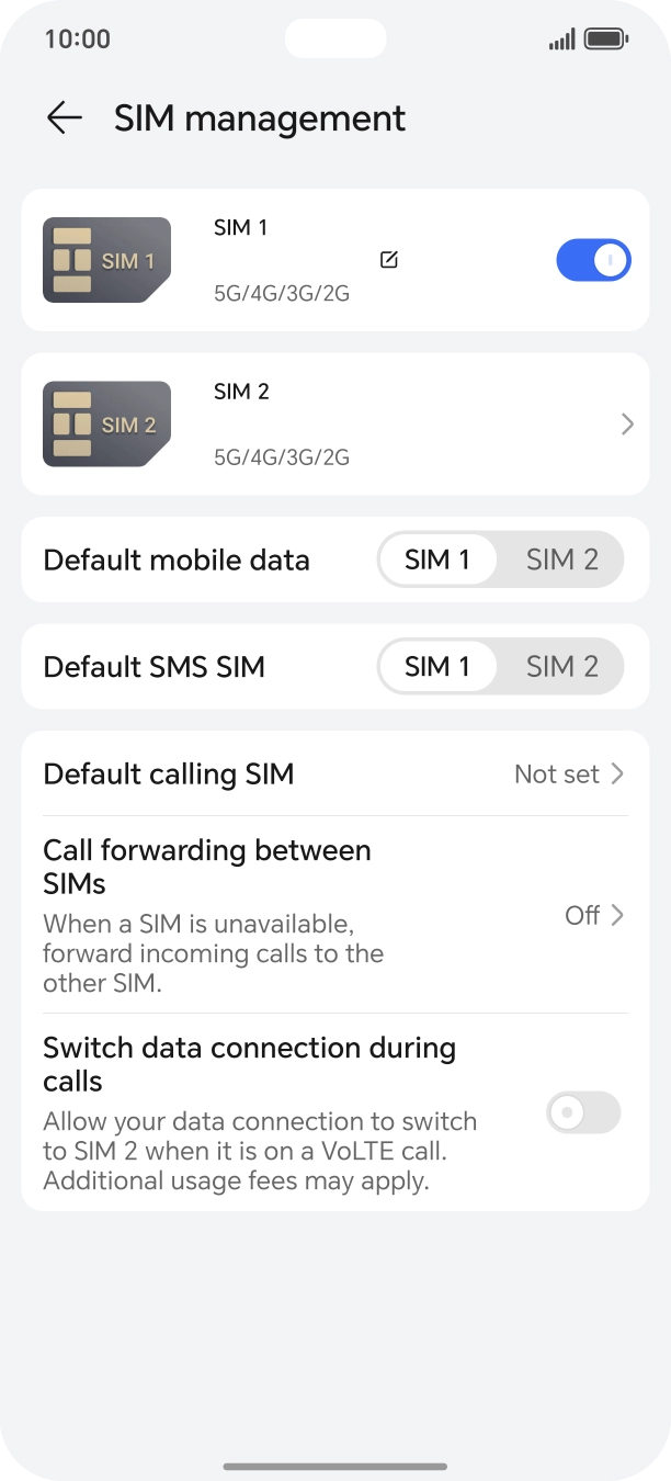 Press the indicator next to the required SIM to turn use of the SIM on or off.