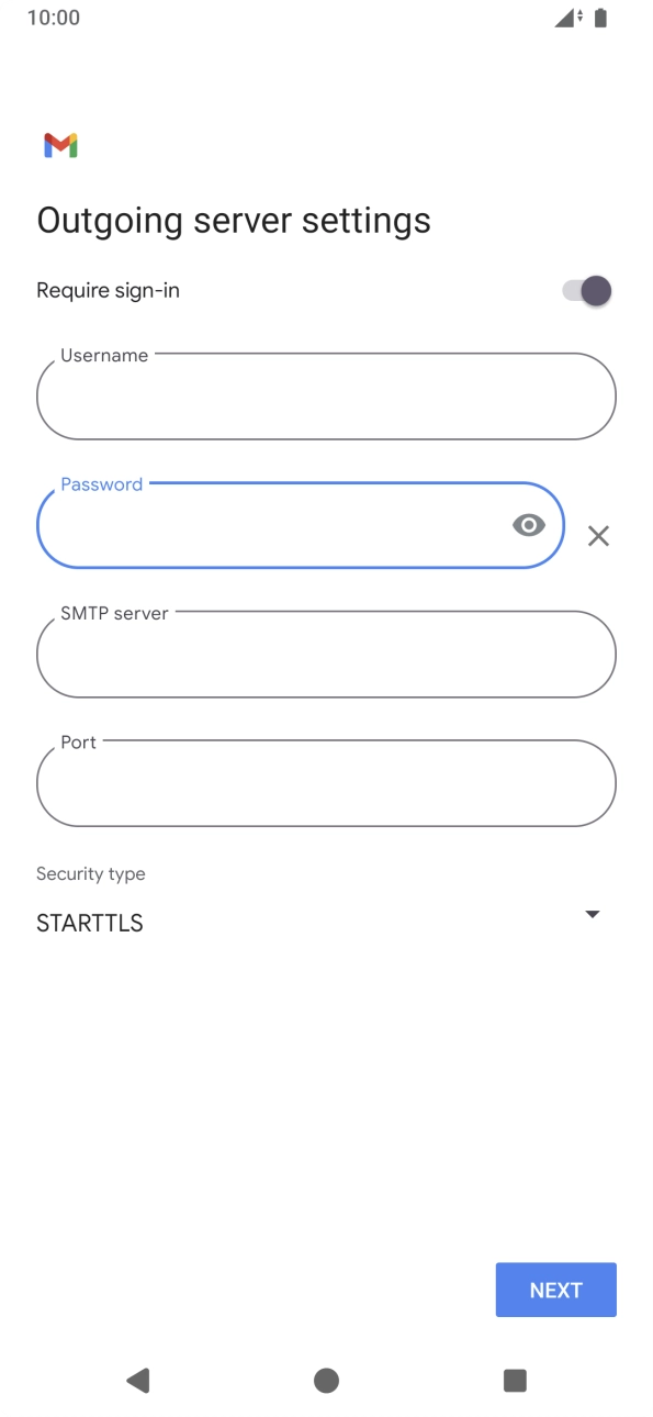 Press the field below 'SMTP server' and key in the name of your email provider's outgoing server. Press the field below 'SMTP server' and key in the name of your email provider's outgoing server.