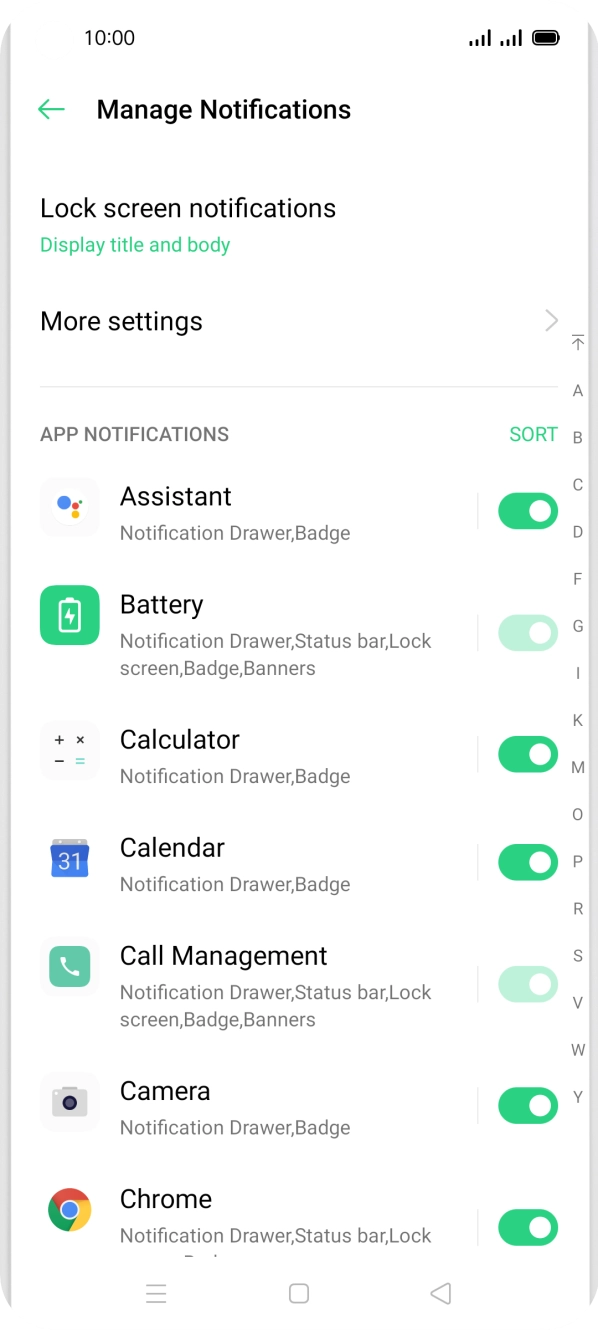 Press the indicators next to the required apps to turn the function on or off.