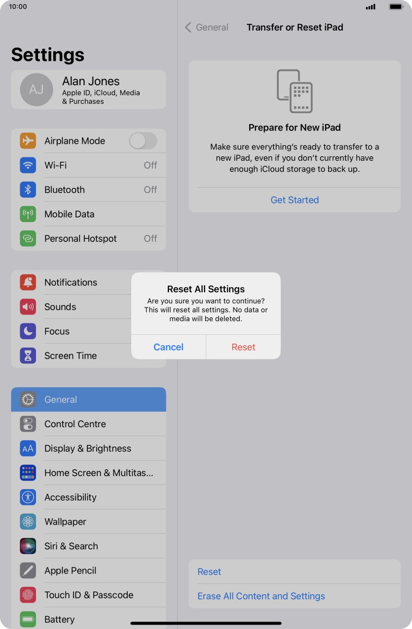 Press Reset. Wait a moment while the factory default settings are restored. Follow the instructions on the screen to set up your tablet and prepare it for use.