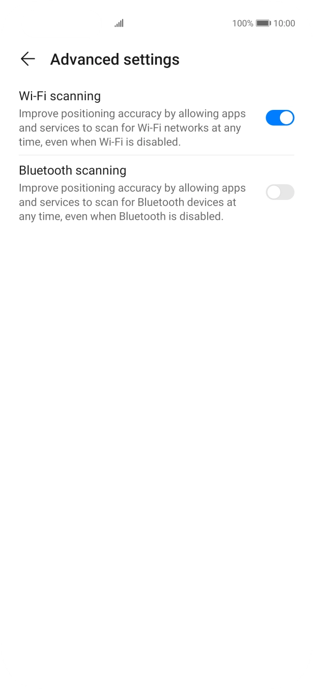 Press the indicator next to 'Wi-Fi scanning' to turn the function on or off. If you turn on the function, your phone can find your exact position using nearby WiFi networks. Press the indicator next to 'Wi-Fi scanning' to turn the function on or off. If you turn on the function, your phone can find your exact position using nearby WiFi networks.