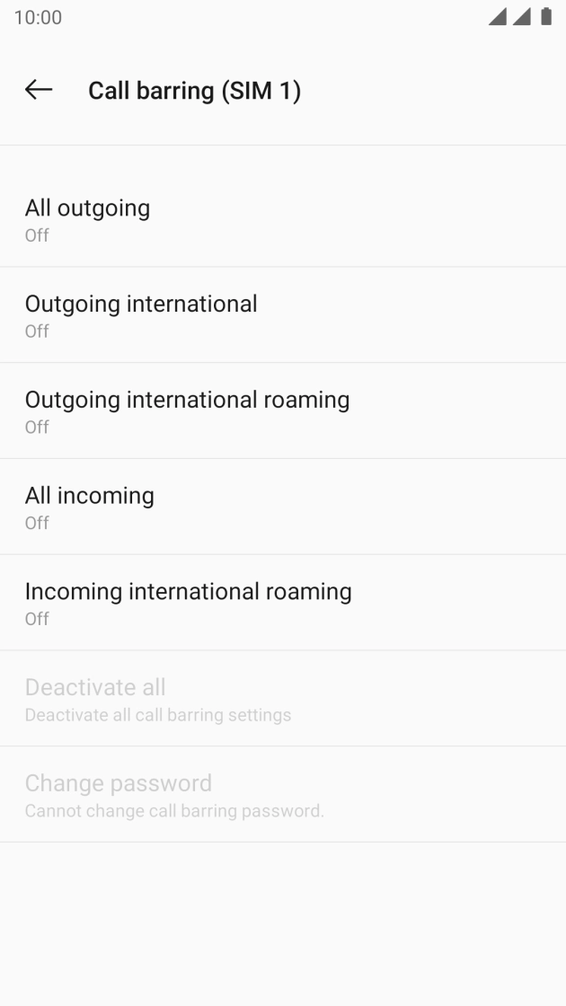 Press the required barring type to turn the function on or off.