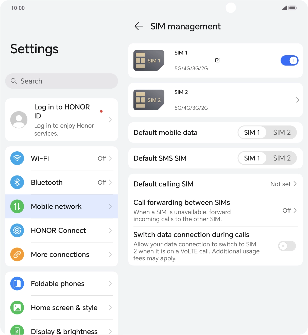 Press the indicator next to the required SIM to turn use of the SIM on or off.