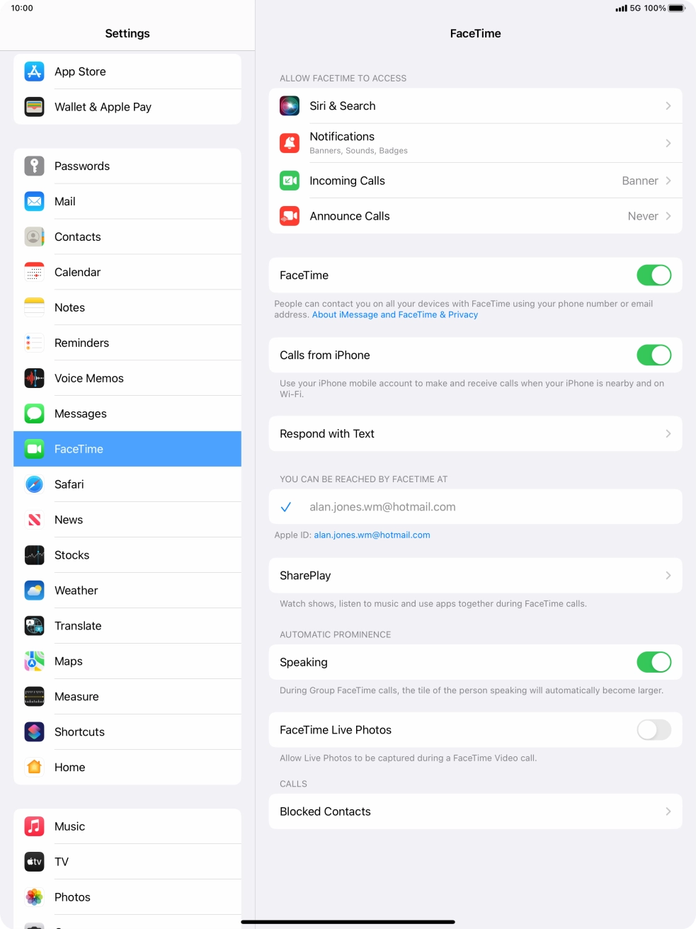 Press the indicator next to 'FaceTime' to turn the function on or off.