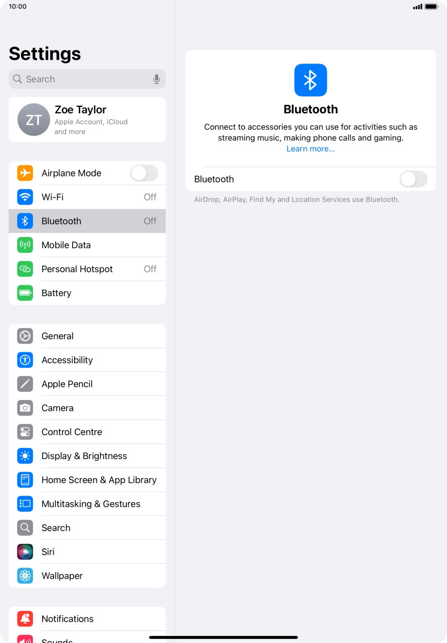 Press the indicator next to 'Bluetooth' to turn on the function.
