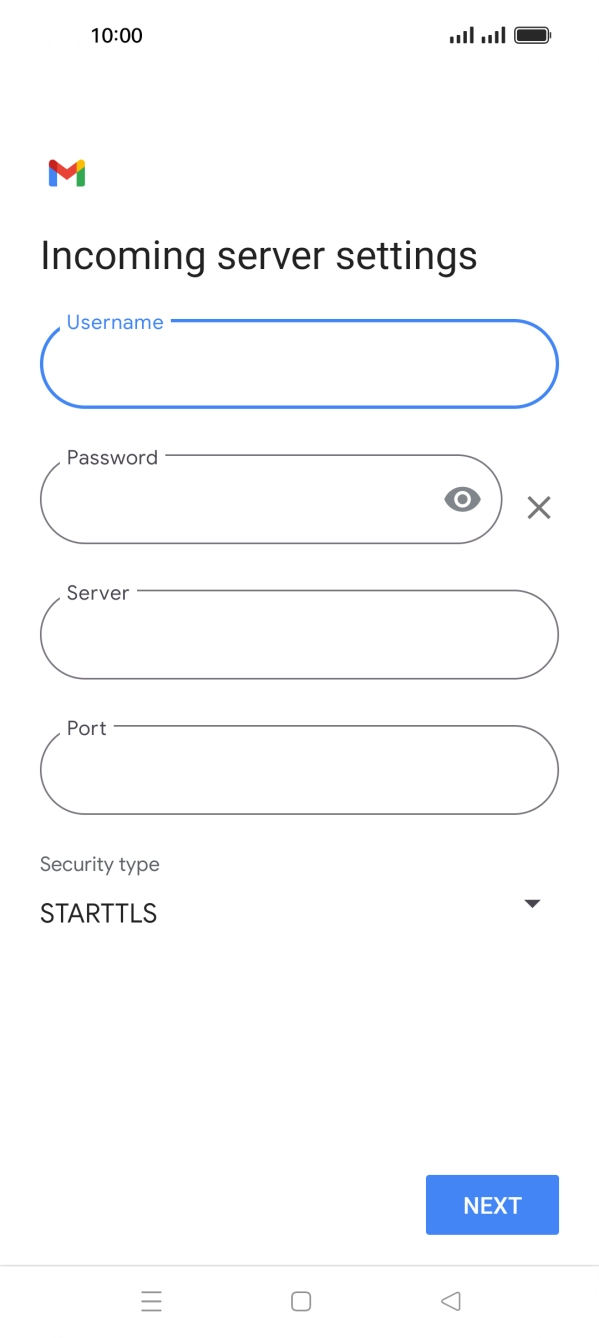 Press the field below 'Server' and key in the name of your email provider's incoming server. Press the field below 'Server' and key in the name of your email provider's incoming server.
