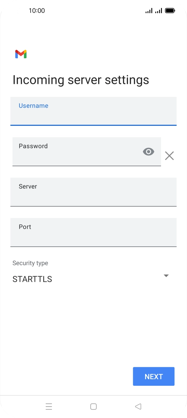 Press the field below 'Server' and key in the name of your email provider's incoming server. Press the field below 'Server' and key in the name of your email provider's incoming server.