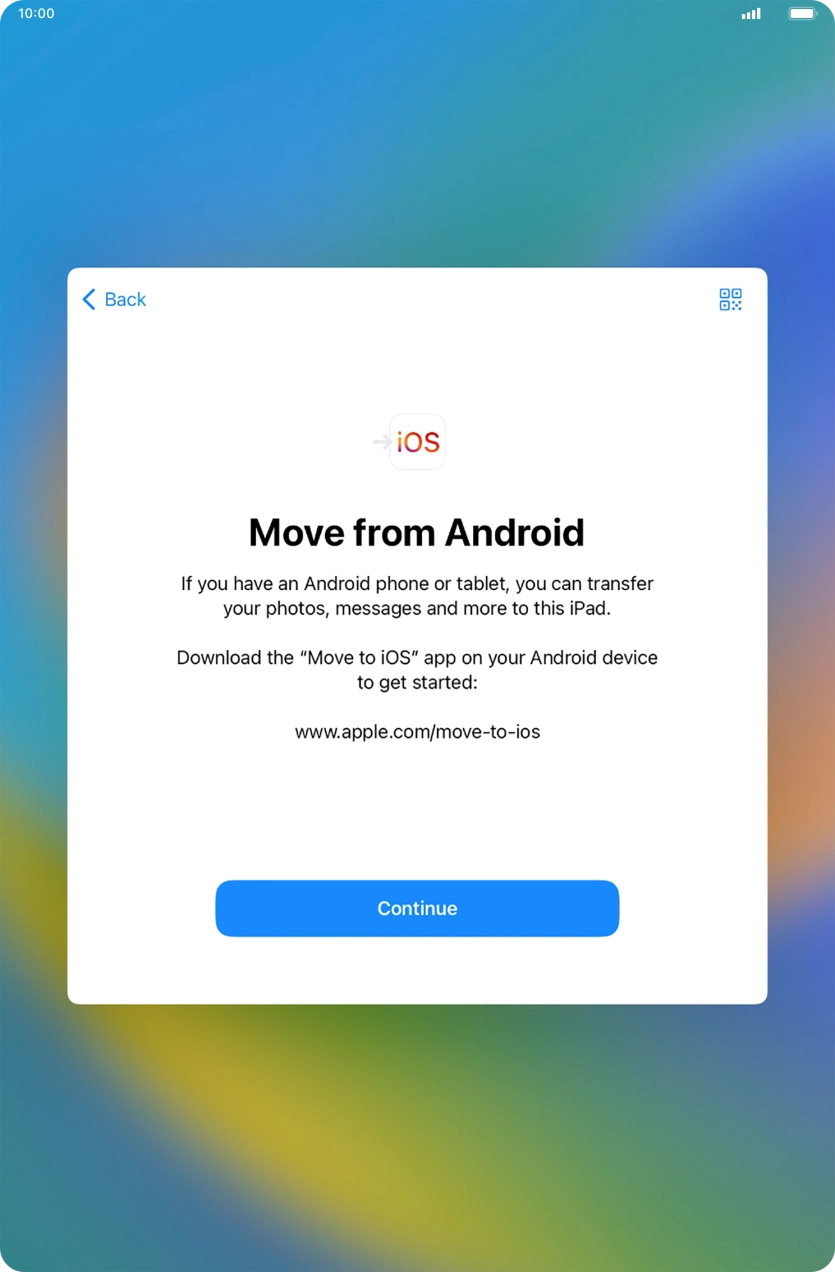 To transfer content to your tablet, you need to install the app 'Move to iOS' on the Android device. When the app is installed, press Continue.