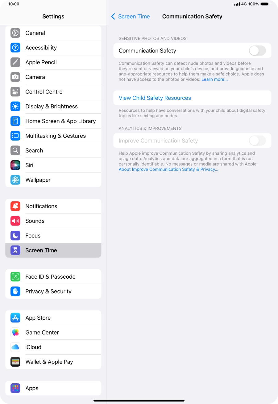 Press the indicator next to 'Communication Safety' to turn the function on or off.