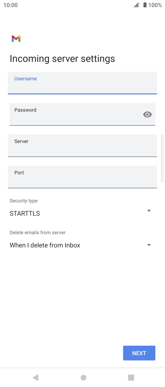 Press the field below 'Server' and key in the name of your email provider's incoming server. Press the field below 'Server' and key in the name of your email provider's incoming server.