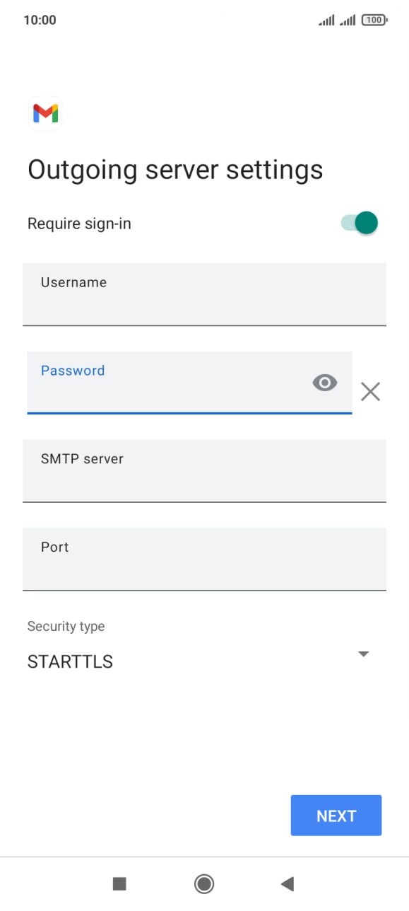 Press the field below 'SMTP server' and key in the name of your email provider's outgoing server. Press the field below 'SMTP server' and key in the name of your email provider's outgoing server.