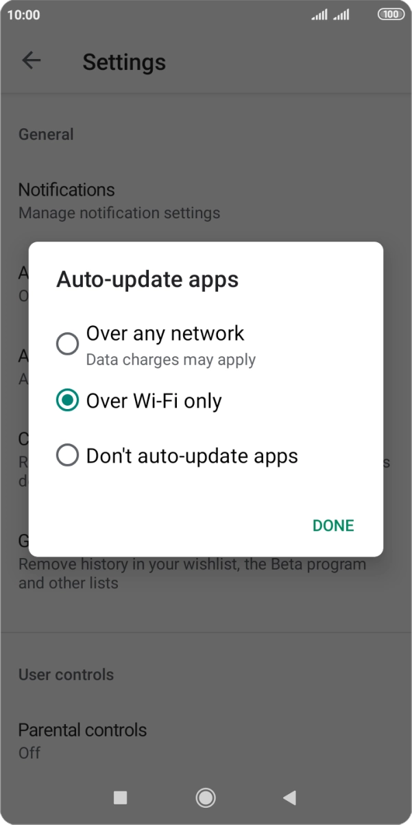 To turn on automatic update of apps using mobile network, press Over any network.