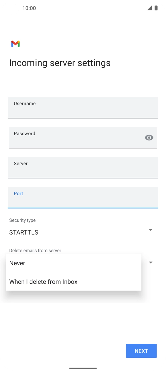 Press Never to keep emails on the server when you delete them on your phone. Press Never to keep emails on the server when you delete them on your phone.