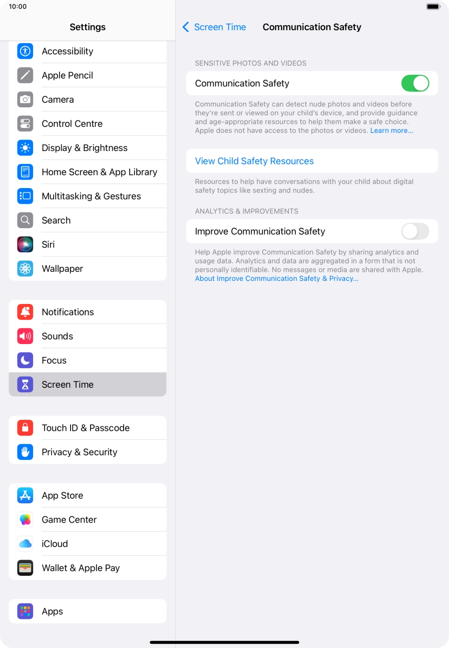 Press the indicator next to 'Communication Safety' to turn the function on or off.