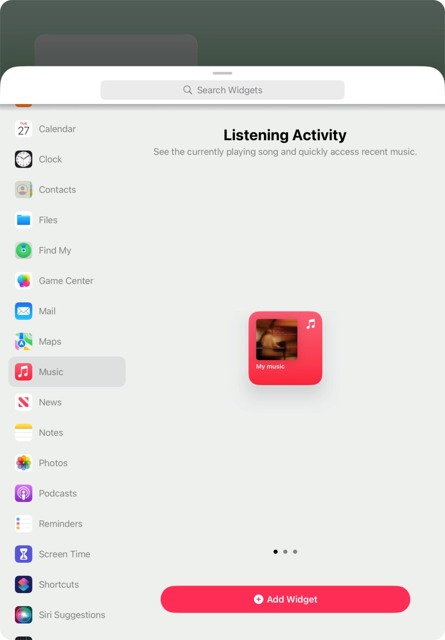 Slide your finger right or left on the screen to select the required widget size.