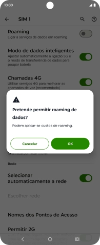 Para ativar o roaming de dados, prima OK.