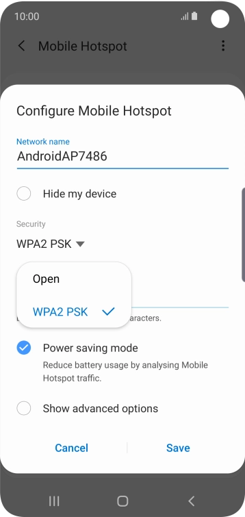 Press WPA2 PSK to password protect your WiFi hotspot.